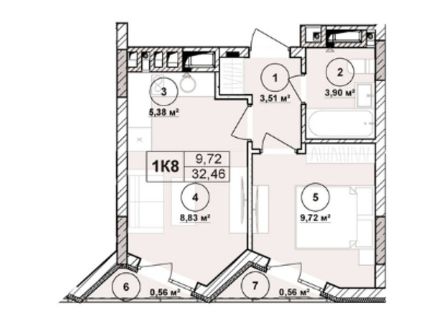 ЖК Milltown: планировка 1-комнатной квартиры 32.46 м²