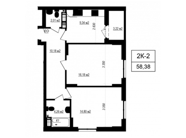 ЖК Щасливий Grand: планировка 2-комнатной квартиры 58.38 м²