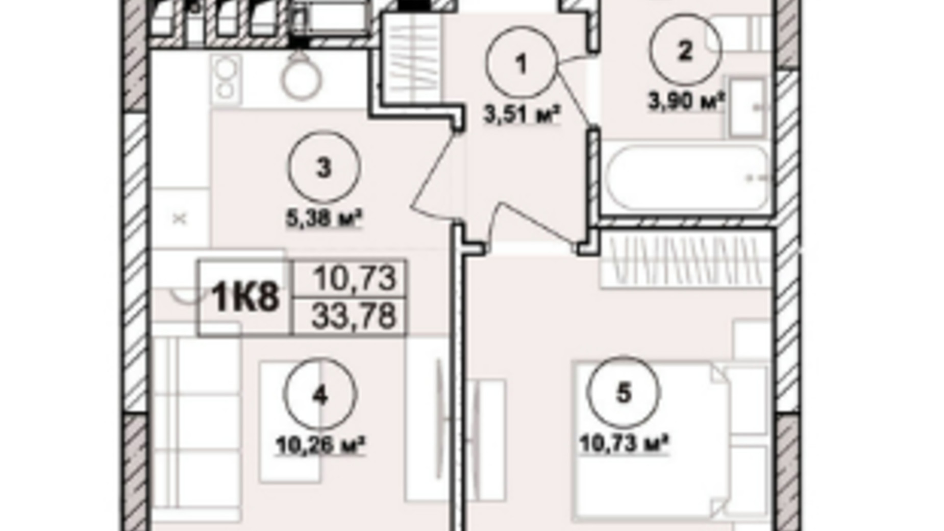 Планировка апартаментов в ЖК Milltown 33.78 м², фото 673237