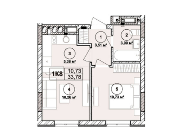 ЖК Milltown: планування 1-кімнатної квартири 33.78 м²