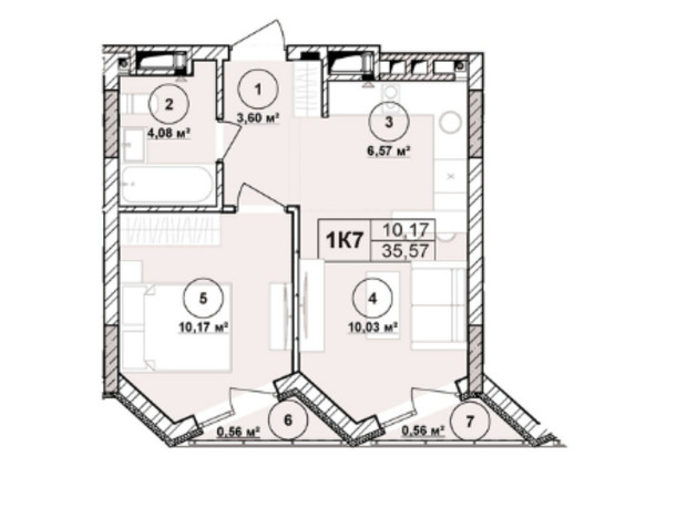 ЖК Milltown: планування 1-кімнатної квартири 35.57 м²