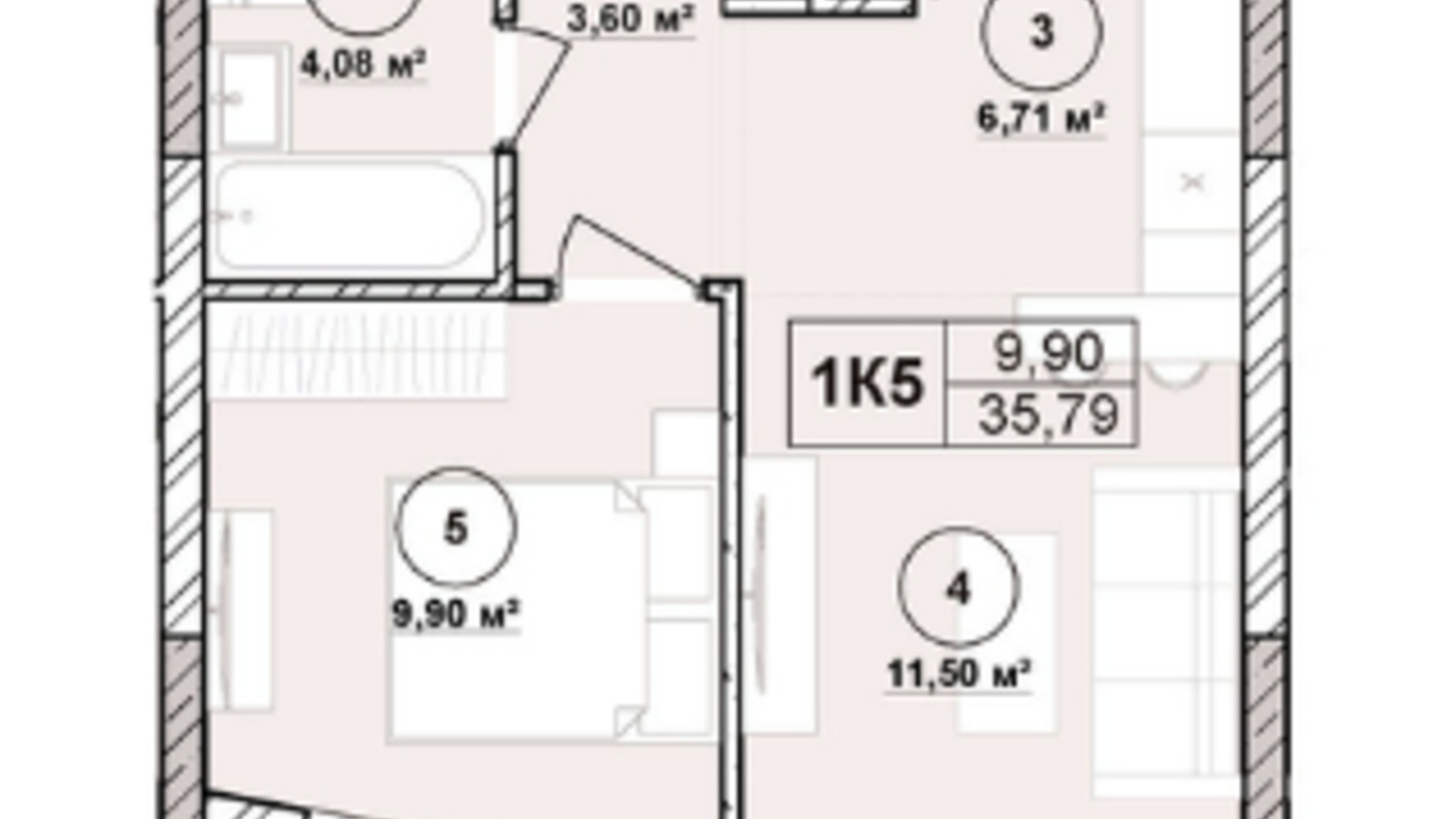 Планировка апартаментов в ЖК Milltown 35.79 м², фото 673240