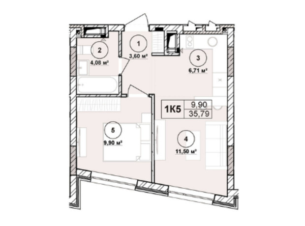 ЖК Milltown: планировка 1-комнатной квартиры 35.79 м²