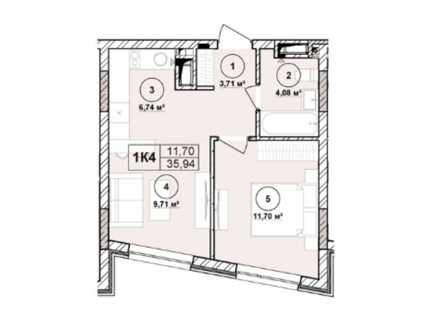 ЖК Milltown: планування 1-кімнатної квартири 35.94 м²