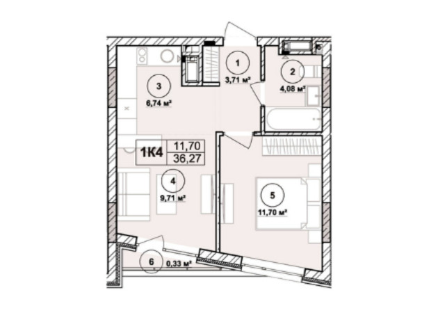 ЖК Milltown: планування 1-кімнатної квартири 36.27 м²