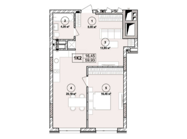 ЖК Milltown: планировка 1-комнатной квартиры 59.93 м²