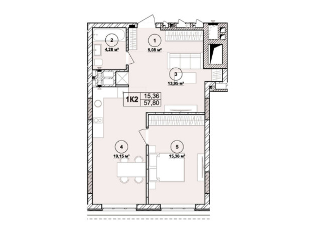 ЖК Milltown: планировка 1-комнатной квартиры 57.8 м²