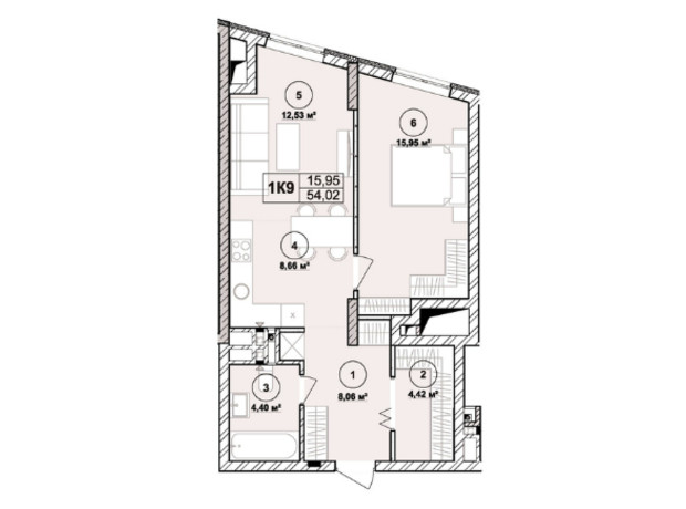 ЖК Milltown: планування 1-кімнатної квартири 54.02 м²