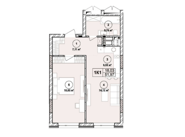 ЖК Milltown: планування 1-кімнатної квартири 51.97 м²