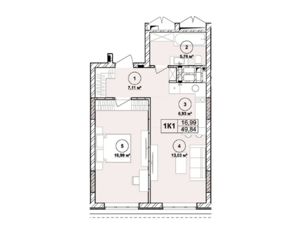 ЖК Milltown: планування 1-кімнатної квартири 49.84 м²