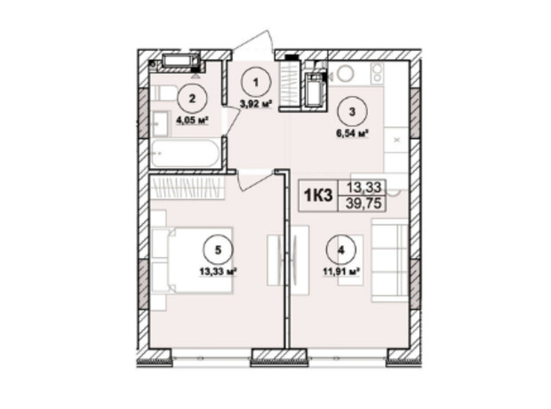 ЖК Milltown: планировка 1-комнатной квартиры 39.75 м²