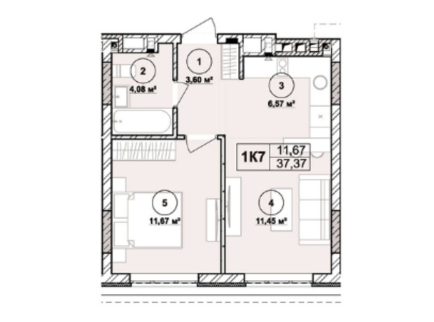 ЖК Milltown: планування 1-кімнатної квартири 37.37 м²