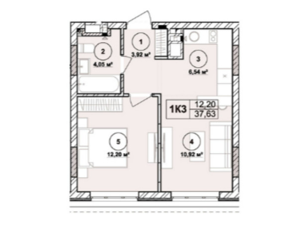 ЖК Milltown: планування 1-кімнатної квартири 37.63 м²