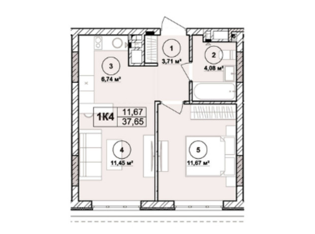 ЖК Milltown: планировка 1-комнатной квартиры 37.65 м²