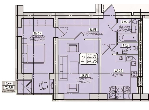 ЖК Західний: планування 2-кімнатної квартири 64.25 м²