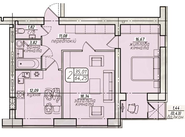 ЖК Західний: планування 2-кімнатної квартири 64.57 м²