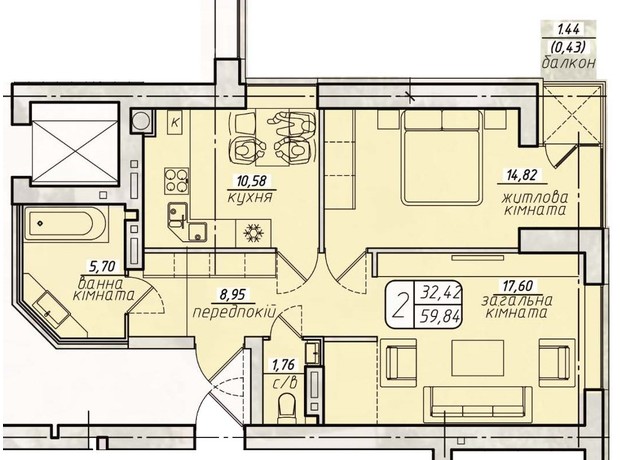 ЖК Західний: планування 2-кімнатної квартири 60.99 м²