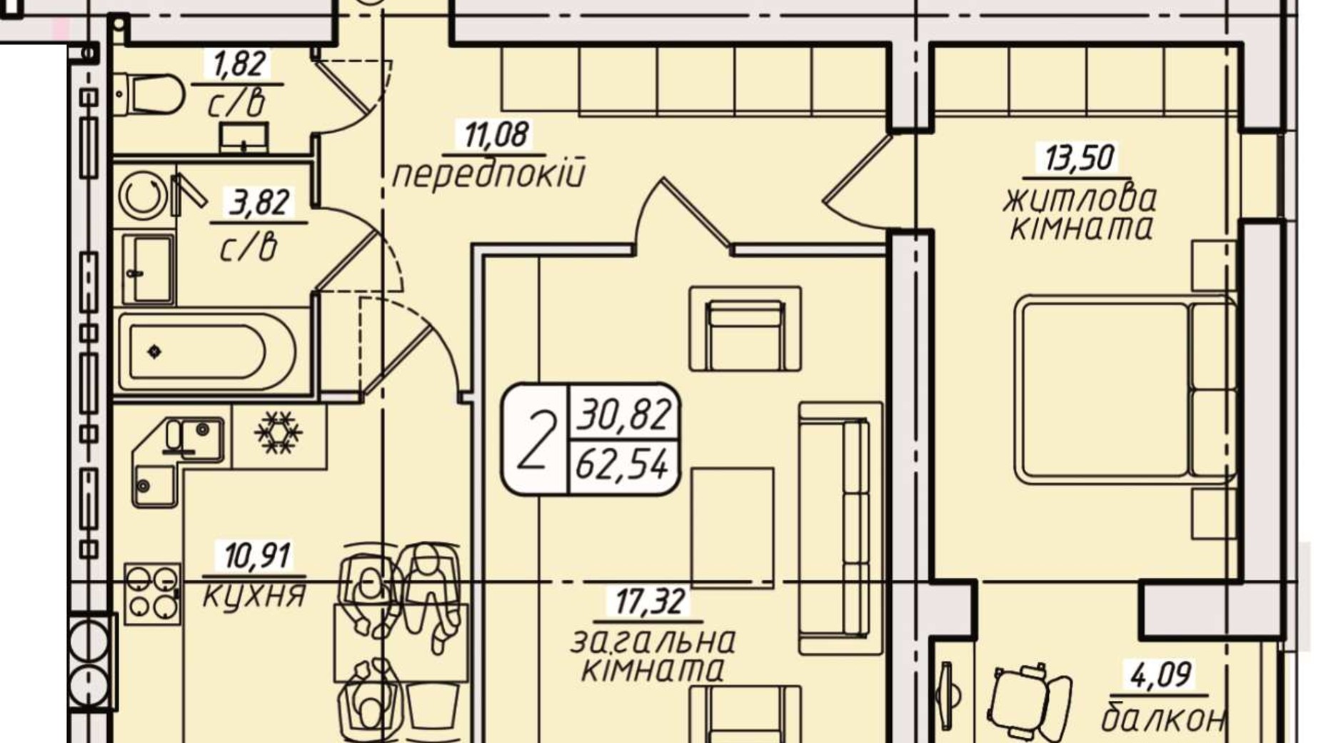 Планування 2-кімнатної квартири в ЖК Західний 64.47 м², фото 673331