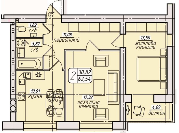 ЖК Західний: планування 2-кімнатної квартири 64.47 м²