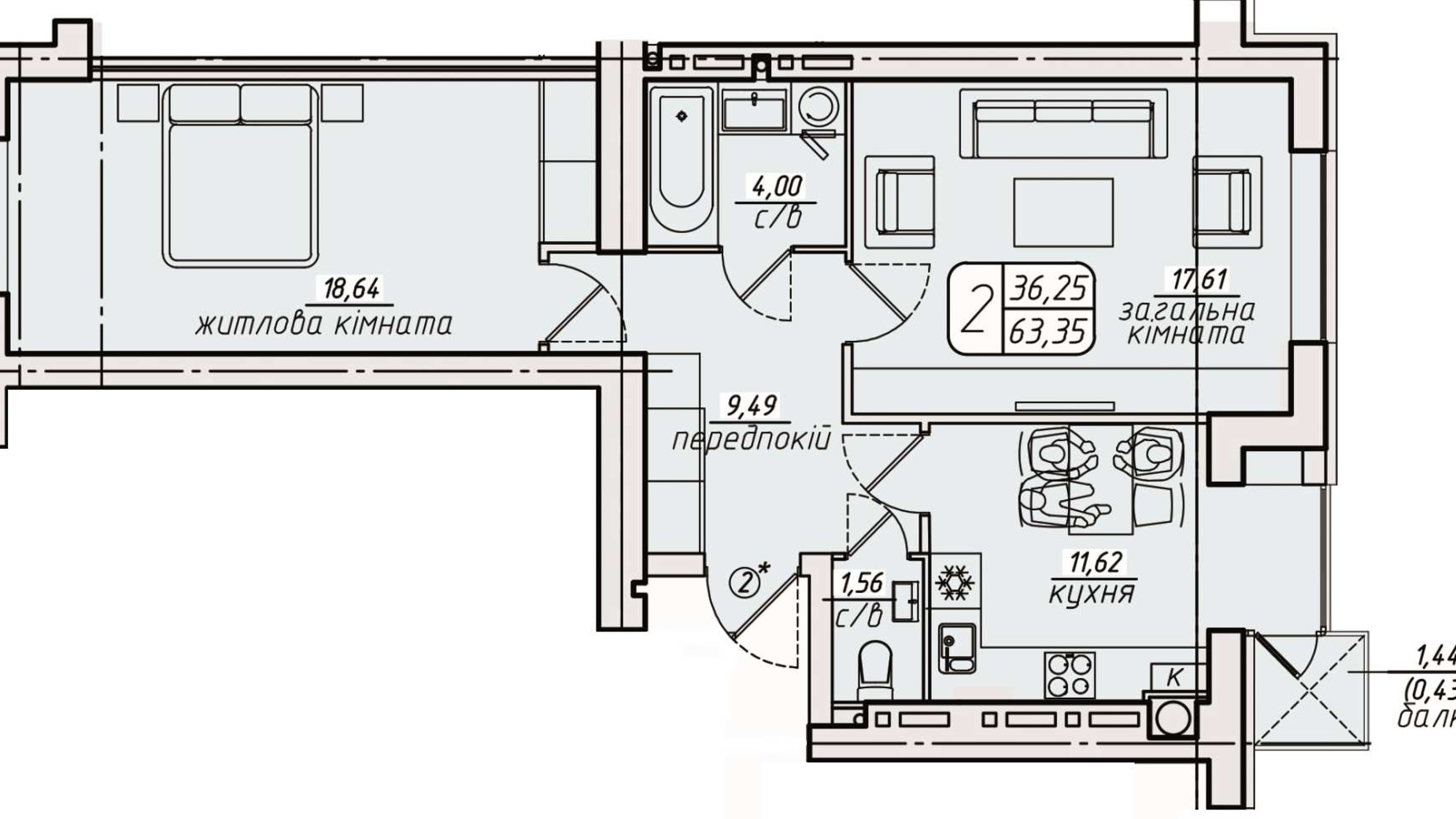 Планування 2-кімнатної квартири в ЖК Західний 63.35 м², фото 673332