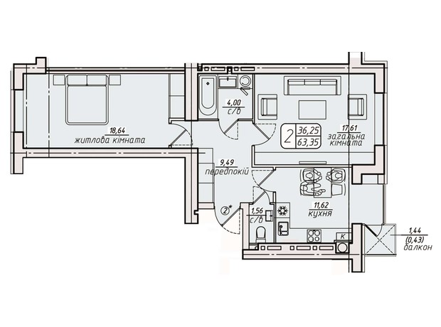 ЖК Западный: планировка 2-комнатной квартиры 63.35 м²