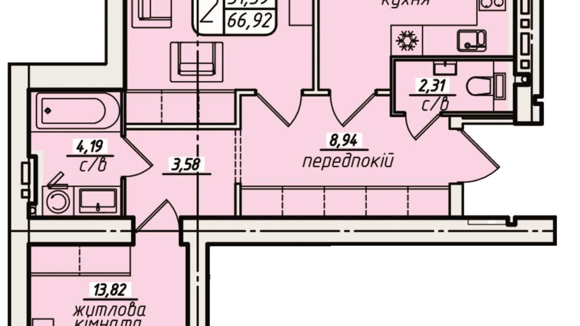 Планировка 2-комнатной квартиры в ЖК Западный 68.27 м², фото 673333