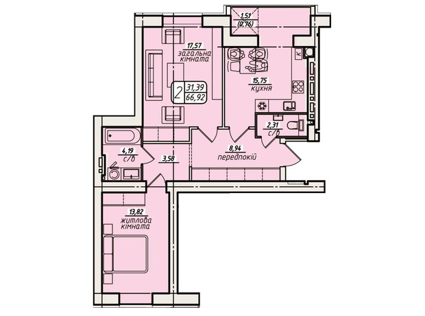 ЖК Західний: планування 2-кімнатної квартири 68.27 м²