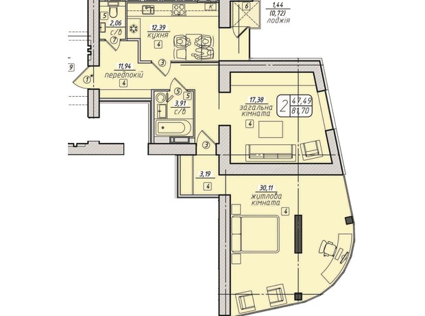 ЖК Західний: планування 2-кімнатної квартири 82.5 м²