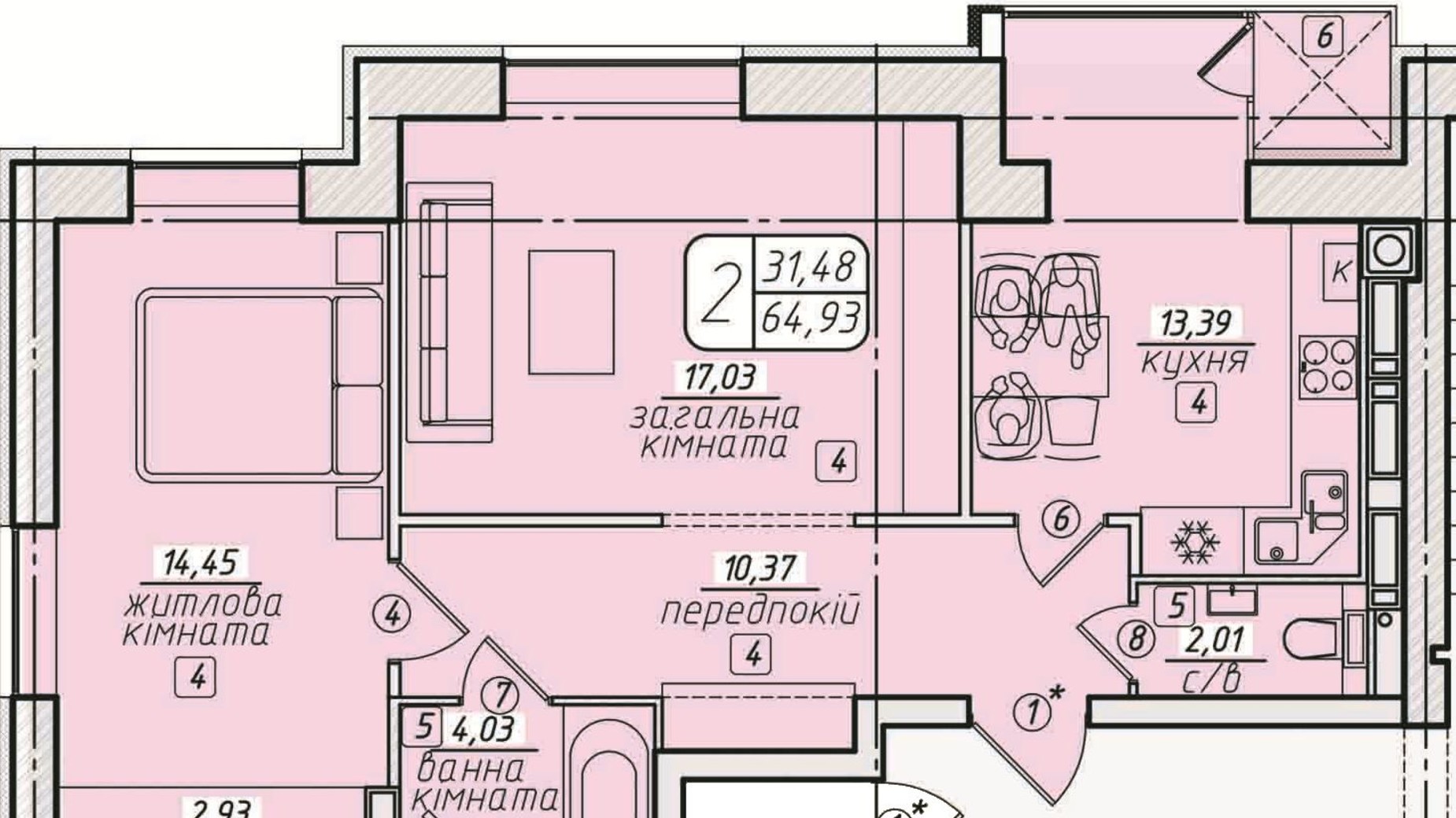 Планировка 2-комнатной квартиры в ЖК Западный 64.93 м², фото 673335