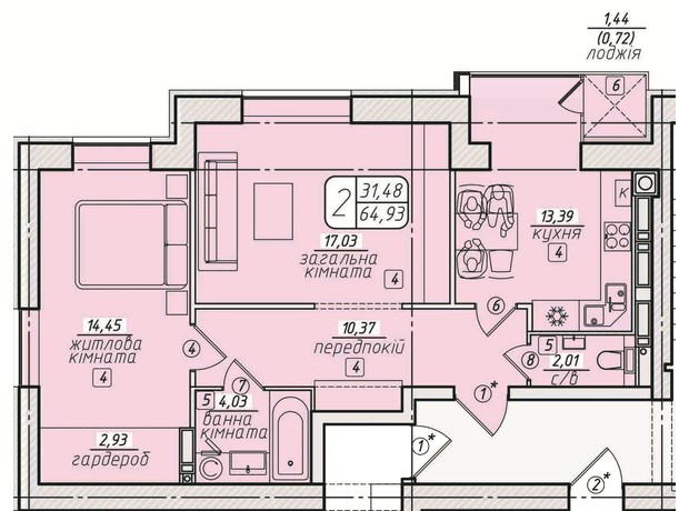 ЖК Западный: планировка 2-комнатной квартиры 64.93 м²