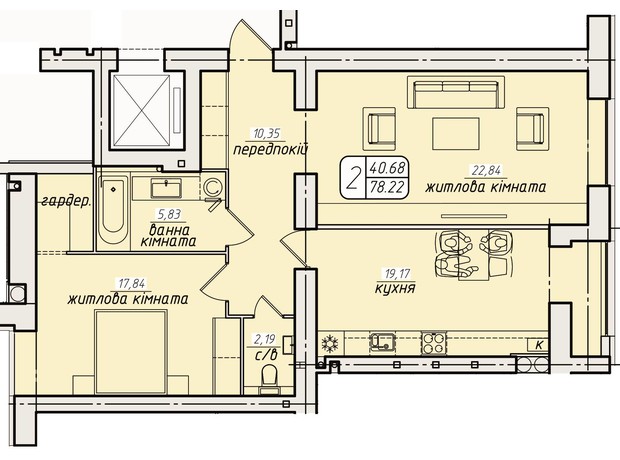 ЖК Західний: планування 2-кімнатної квартири 78.22 м²