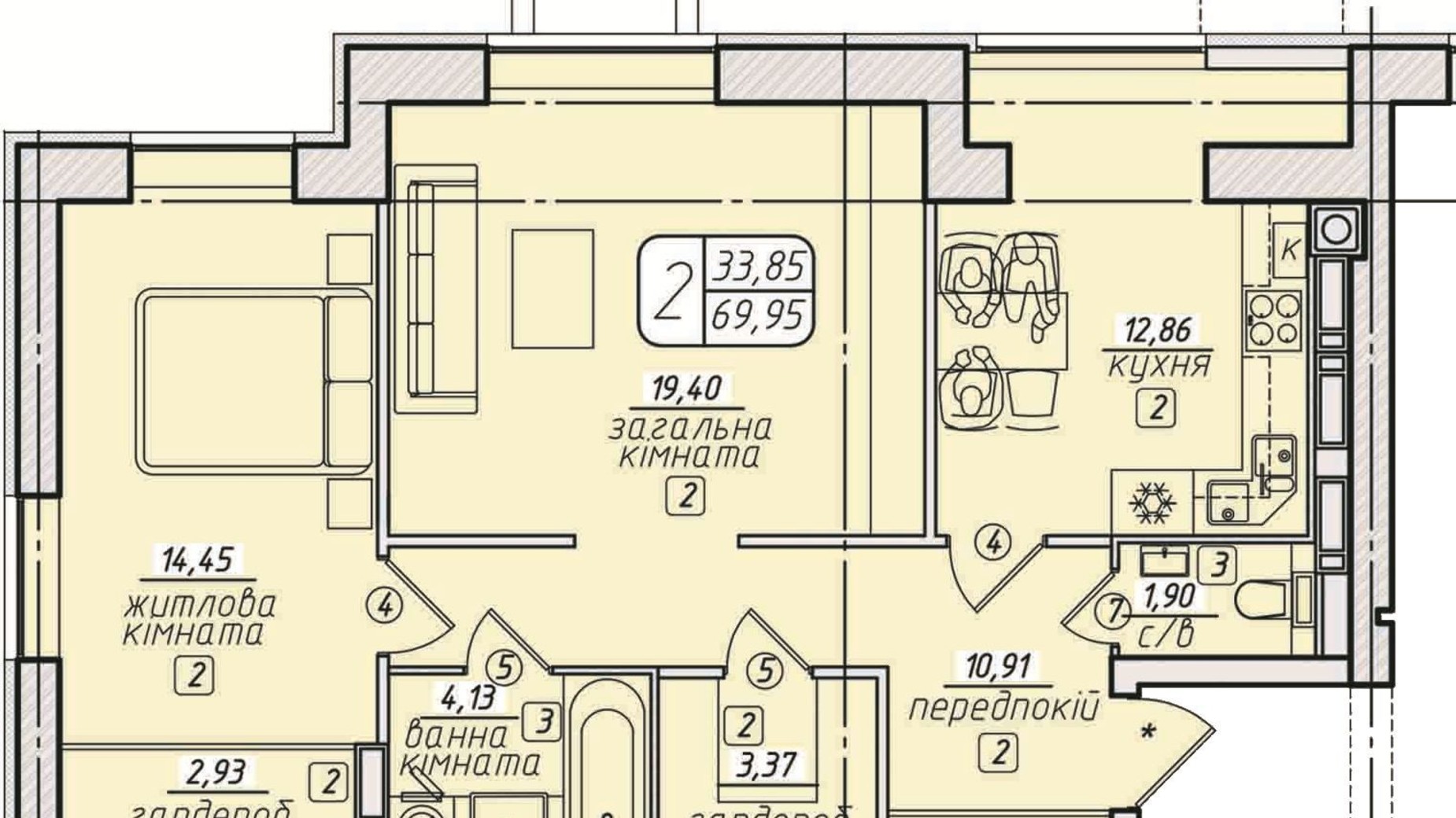 Планировка 2-комнатной квартиры в ЖК Западный 65.3 м², фото 673337