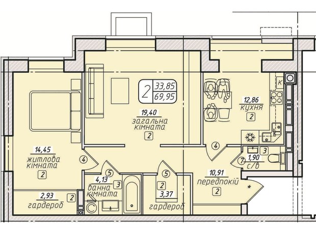 ЖК Західний: планування 2-кімнатної квартири 65.3 м²