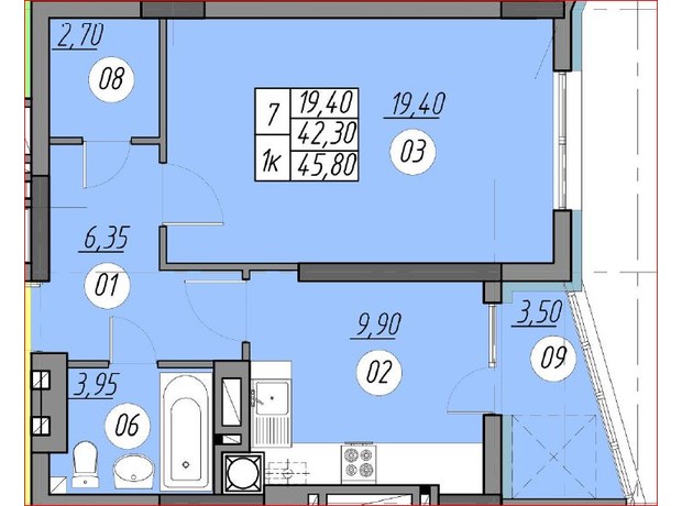 ЖК Набережна Вежа: планування 1-кімнатної квартири 45.8 м²