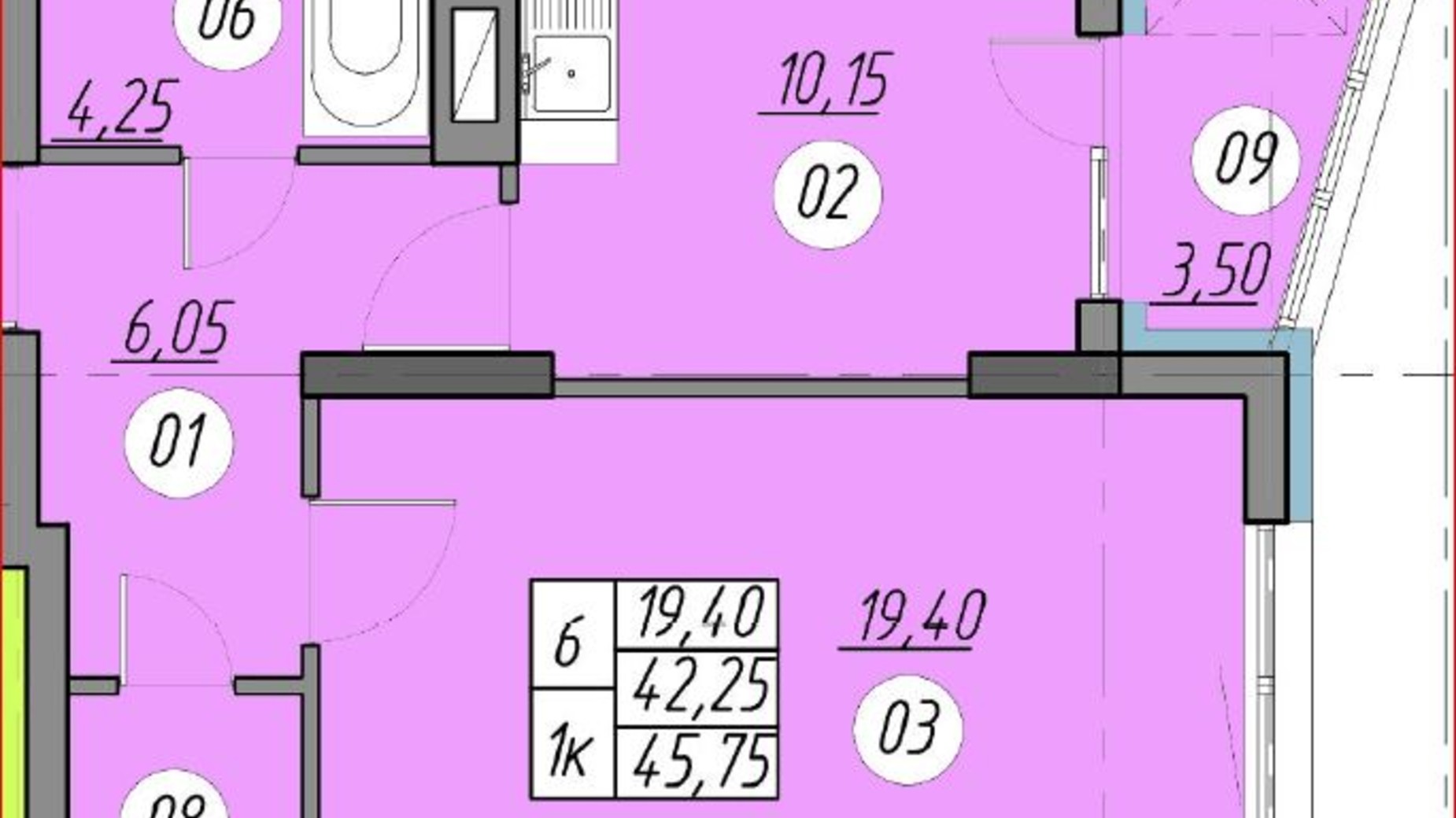 Планировка 1-комнатной квартиры в ЖК Набережна Вежа 45.75 м², фото 673615