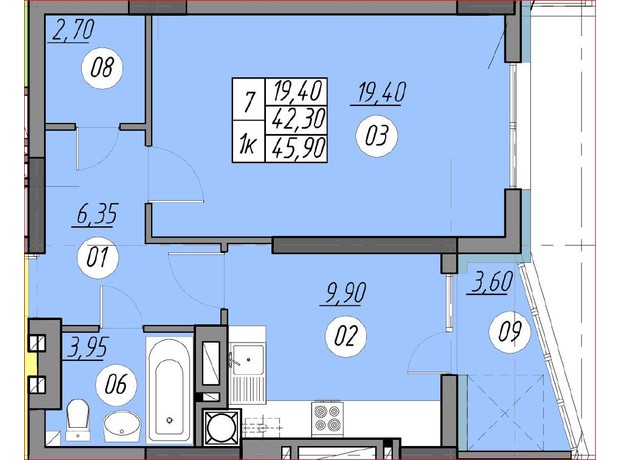 ЖК Набережна Вежа: планування 1-кімнатної квартири 45.9 м²