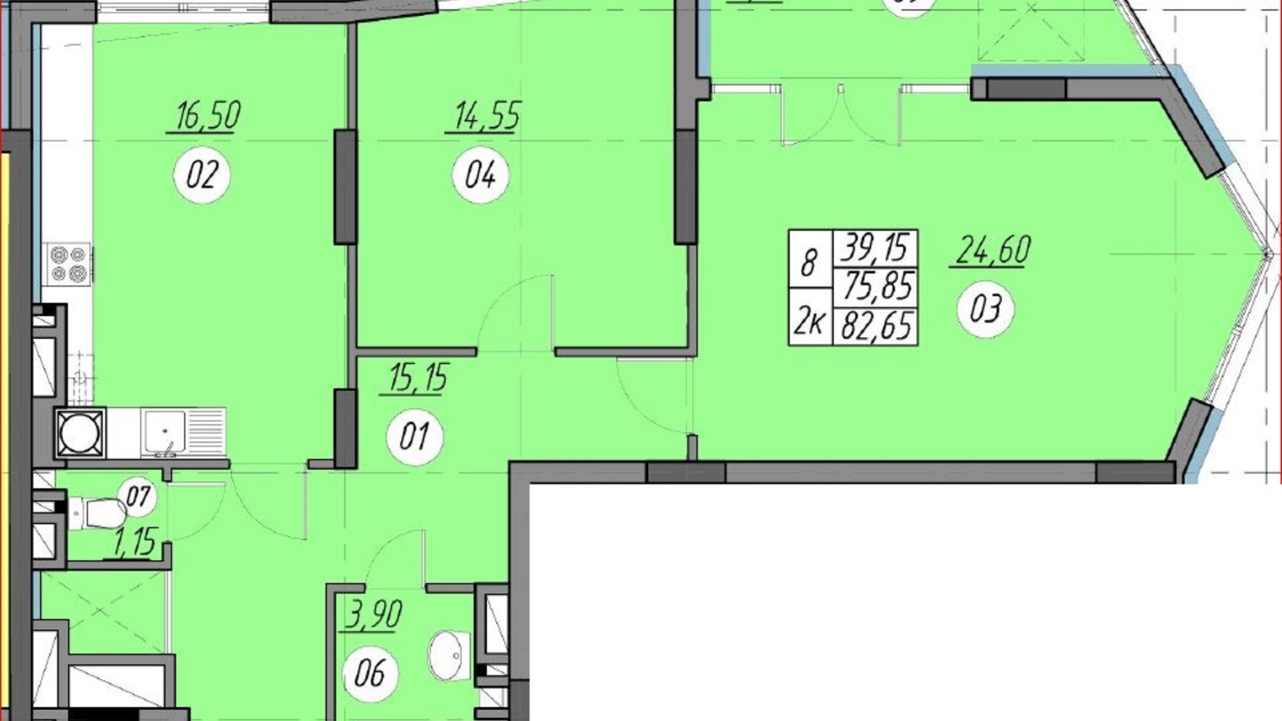 Планування 2-кімнатної квартири в ЖК Набережна Вежа 82.65 м², фото 673617