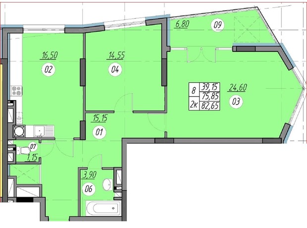 ЖК Набережна Вежа: планування 2-кімнатної квартири 82.65 м²
