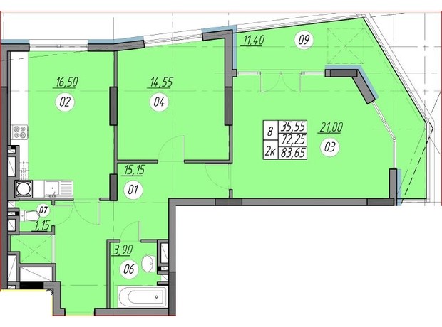 ЖК Набережна Вежа: планування 2-кімнатної квартири 83.65 м²