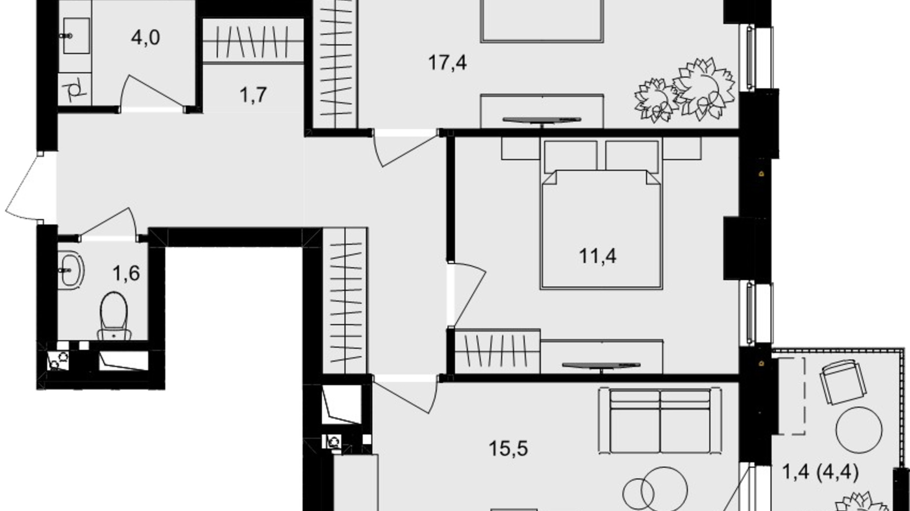 Планировка 2-комнатной квартиры в ЖК Central Park Vinnytsia 63.6 м², фото 673876