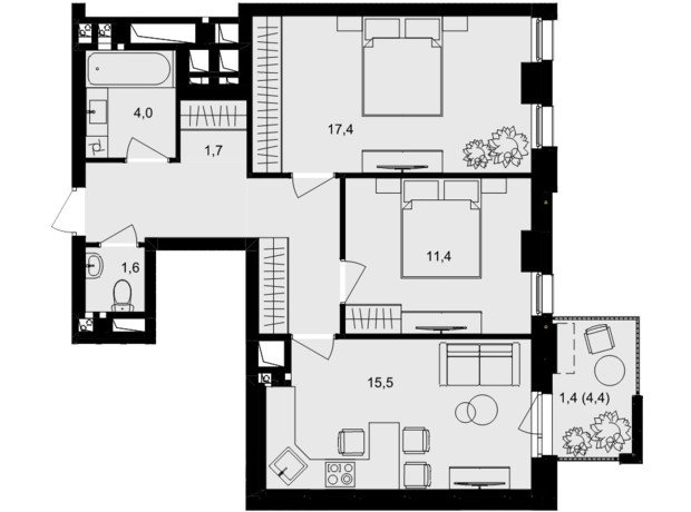 ЖК Central Park Vinnytsia: планировка 2-комнатной квартиры 63.6 м²