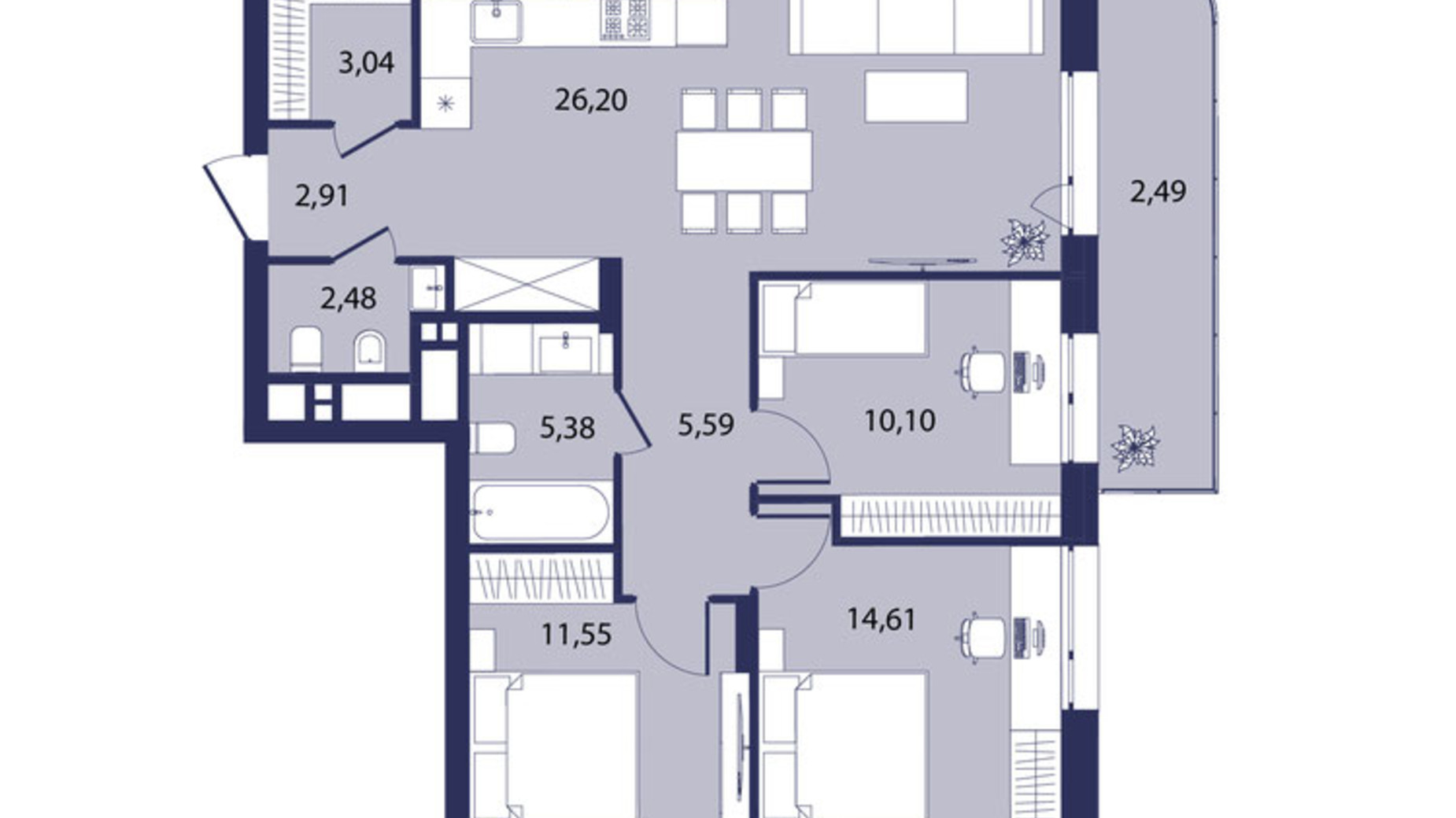 Планировка 3-комнатной квартиры в ЖК Рем 84.59 м², фото 673907