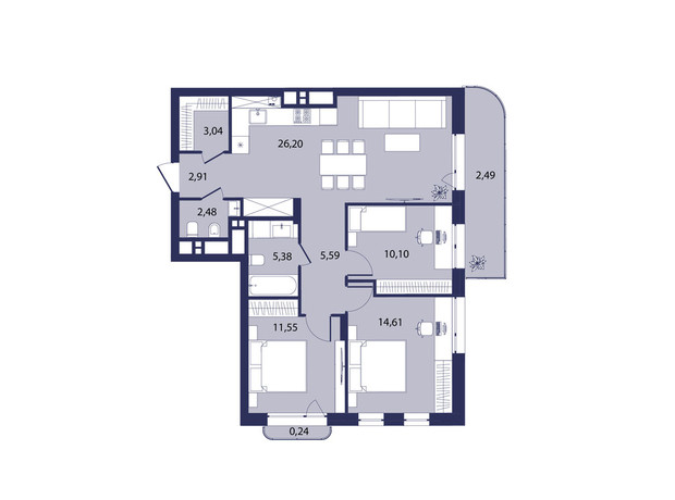 ЖК Рем: планировка 3-комнатной квартиры 84.59 м²