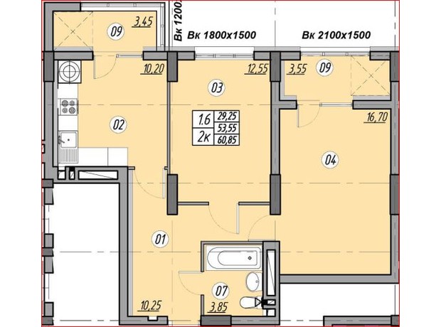 ЖК Atlanta Tower: планировка помощения 60.85 м²