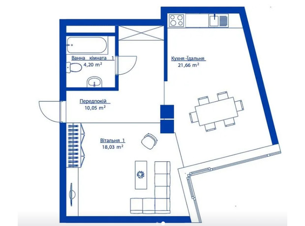 Жилой район Rybalsky: планировка 1-комнатной квартиры 53.94 м²