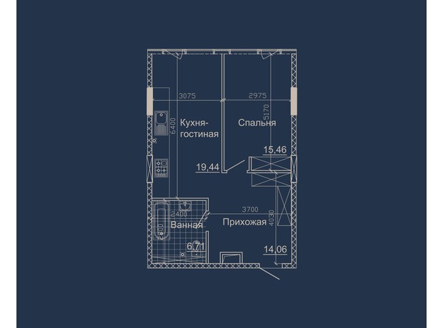 ЖК Небо: планування 1-кімнатної квартири 58.4 м²