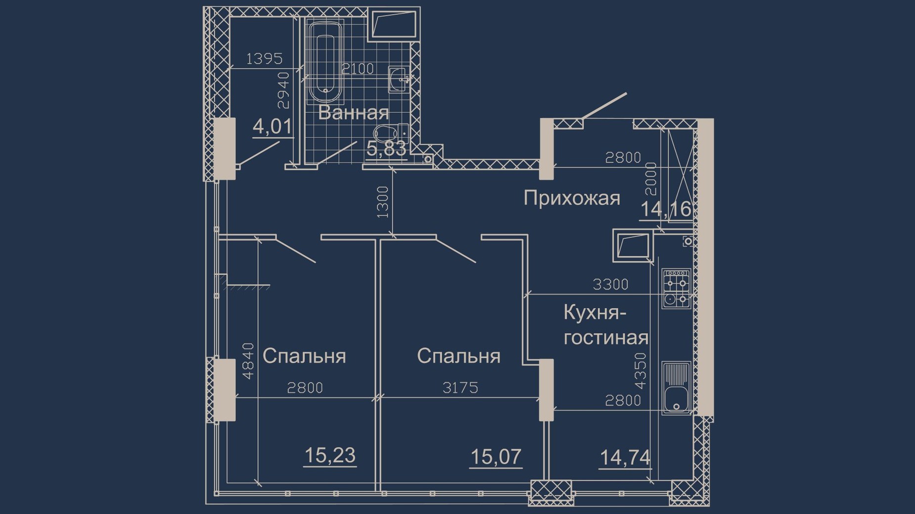 Планировка 2-комнатной квартиры в ЖК Небо 72.11 м², фото 674099
