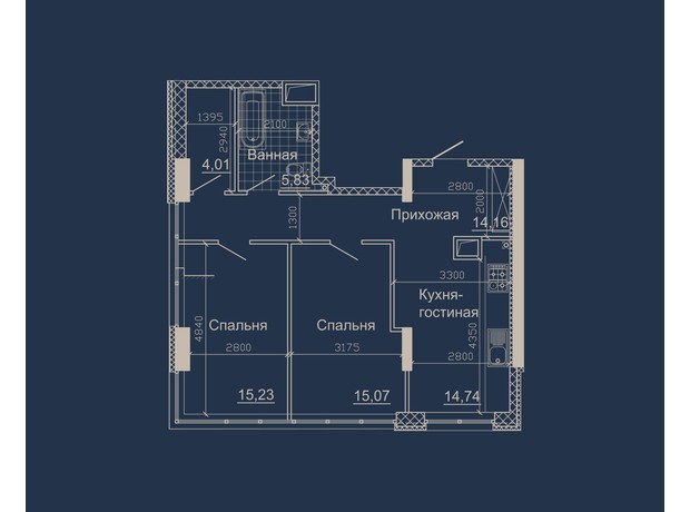 ЖК Небо: планування 2-кімнатної квартири 72.11 м²