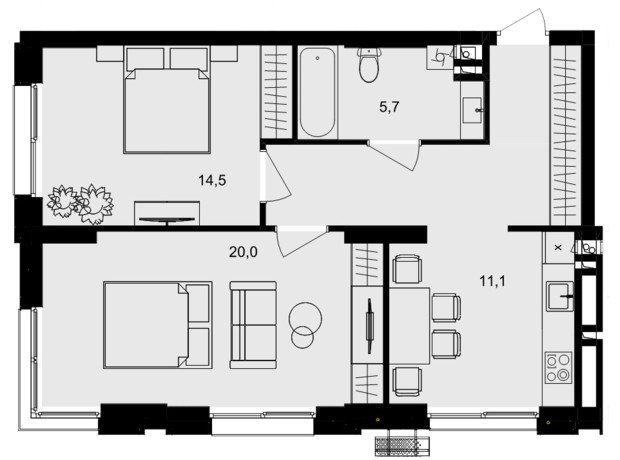 ЖК Central Park Vinnytsia: планировка 2-комнатной квартиры 63.4 м²