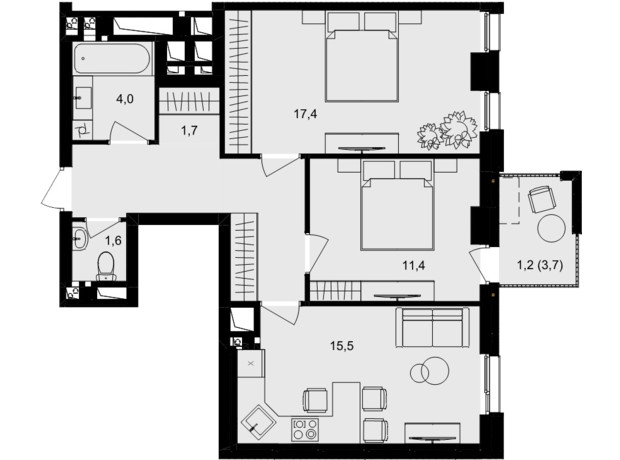 ЖК Central Park Vinnytsia: планировка 2-комнатной квартиры 63.6 м²